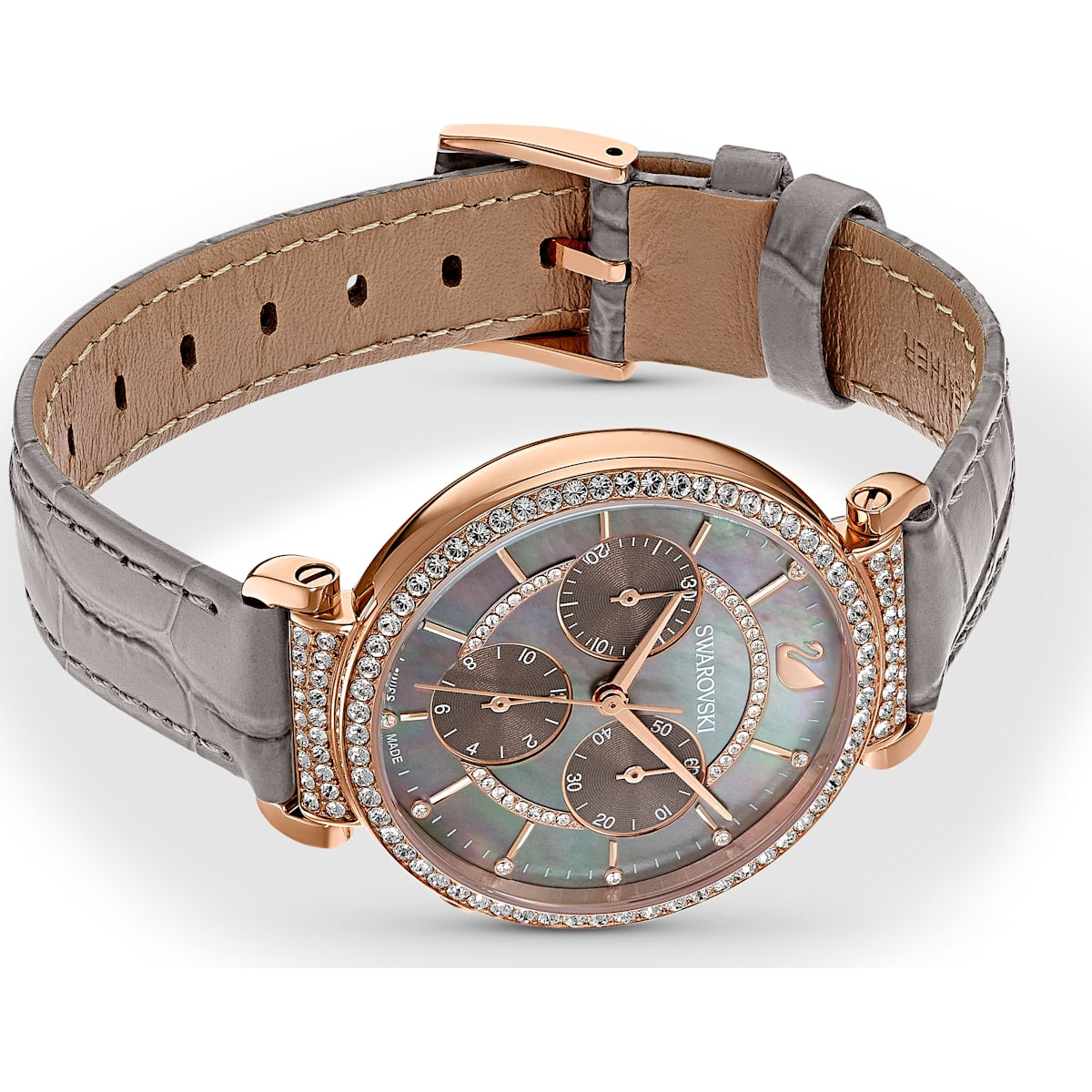 Swarovski - Passage Chrono Uhr, Lederarmband, Grau, Rosegold-Legierungsschicht PVD-Finish - CRYSTAL UNTERBERGER