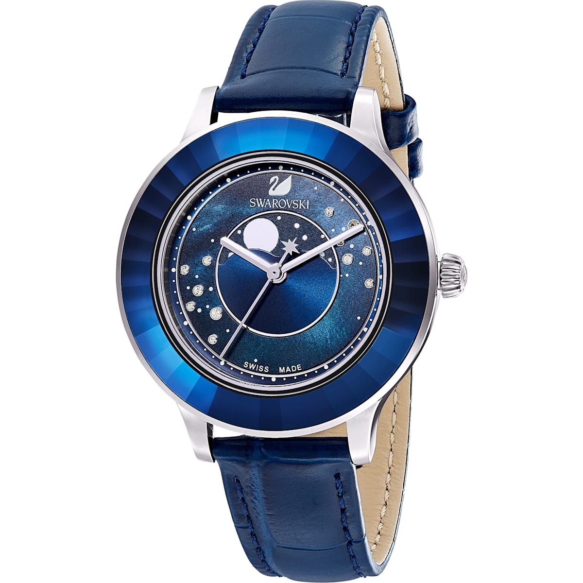 Swarovski - Octea Lux Uhr, Mond, Lederarmband, Blau, Edelstahl - CRYSTAL UNTERBERGER