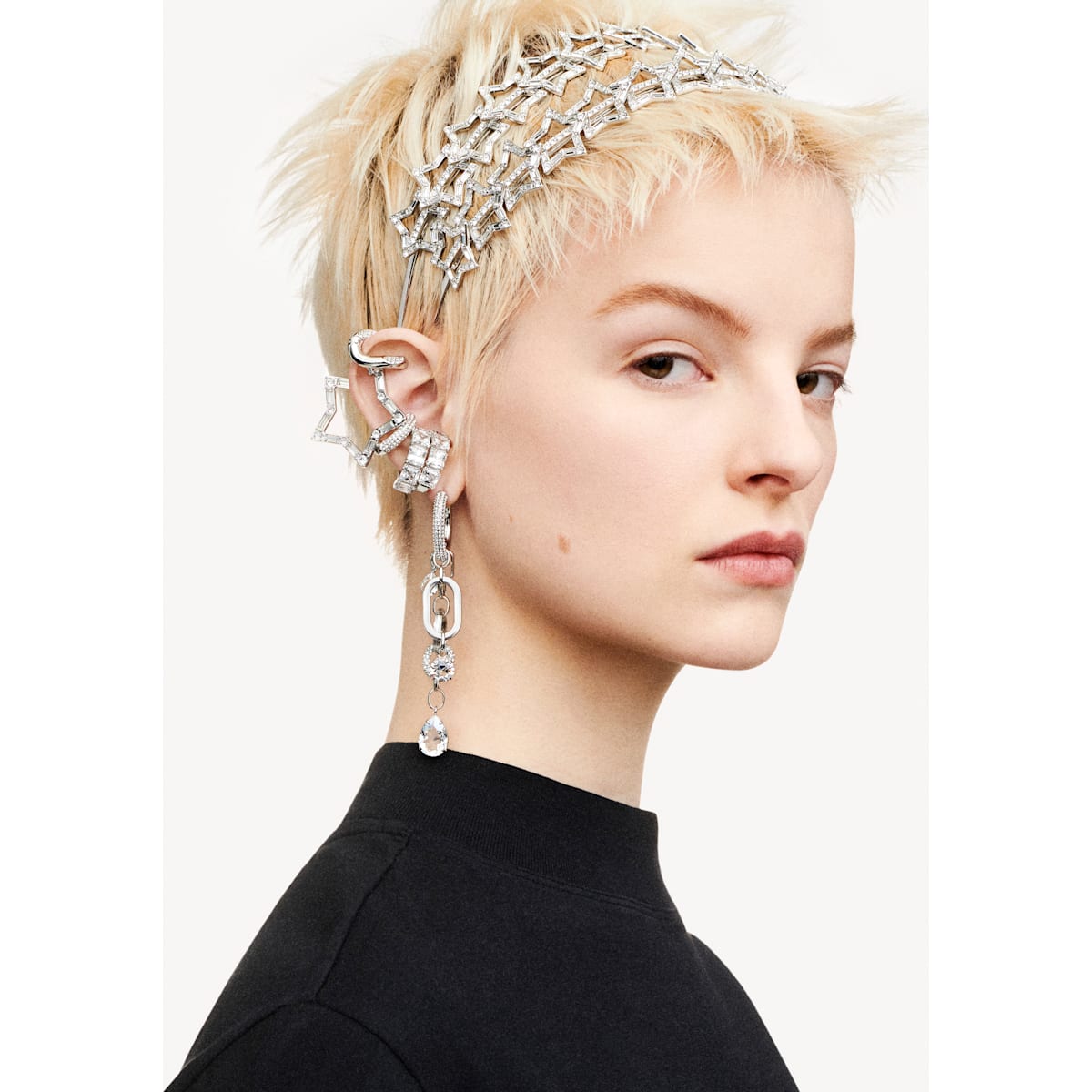 Swarovski - Dextera Ear Cuff, Einzel, Asymmetrisch, Set (2), Weiß, Rhodiniert - CRYSTAL UNTERBERGER