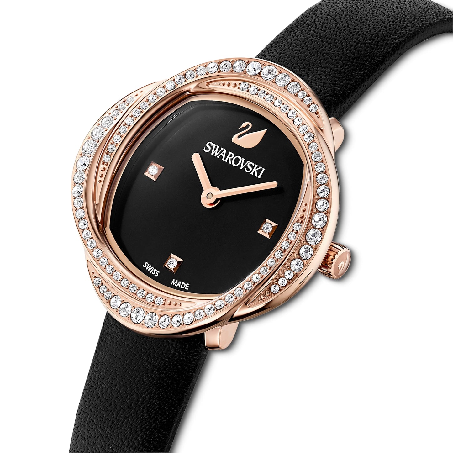 Swarovski - Crystal Flower Uhr, Lederarmband, Schwarz, Roségoldfarbenes Finish - CRYSTAL UNTERBERGER