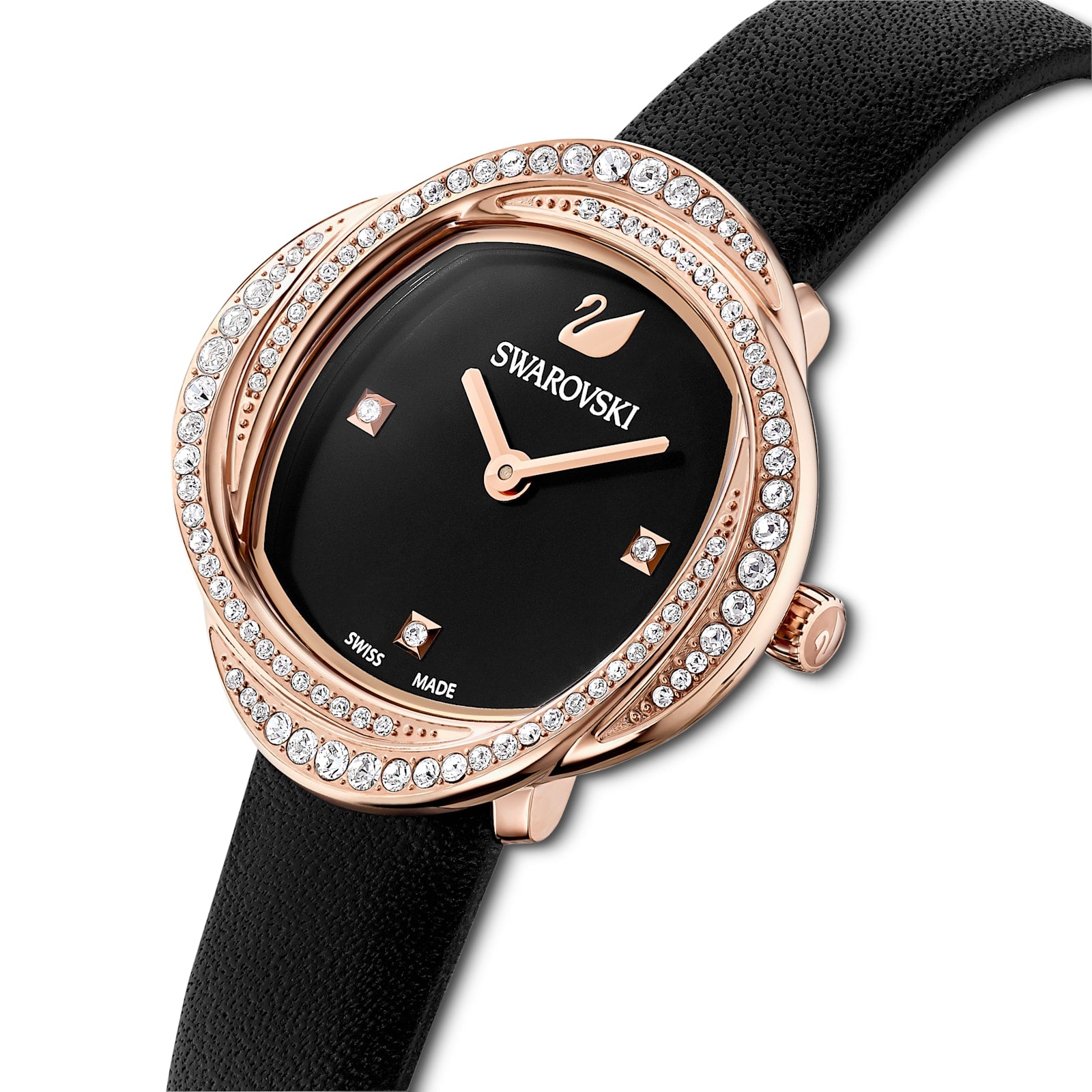 Swarovski - Crystal Flower Uhr, Lederarmband, Schwarz, Roségoldfarbenes Finish - CRYSTAL UNTERBERGER