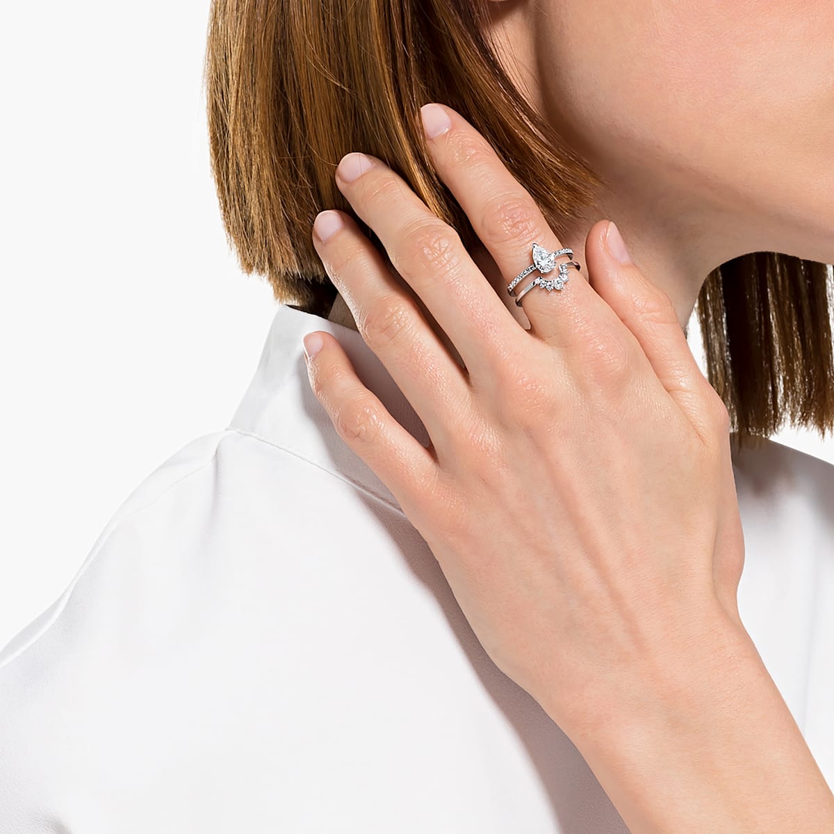 Swarovski - Attract Ring, Set (2), Kristall im Tropfenschliff, Weiß, Rhodiniert - CRYSTAL UNTERBERGER
