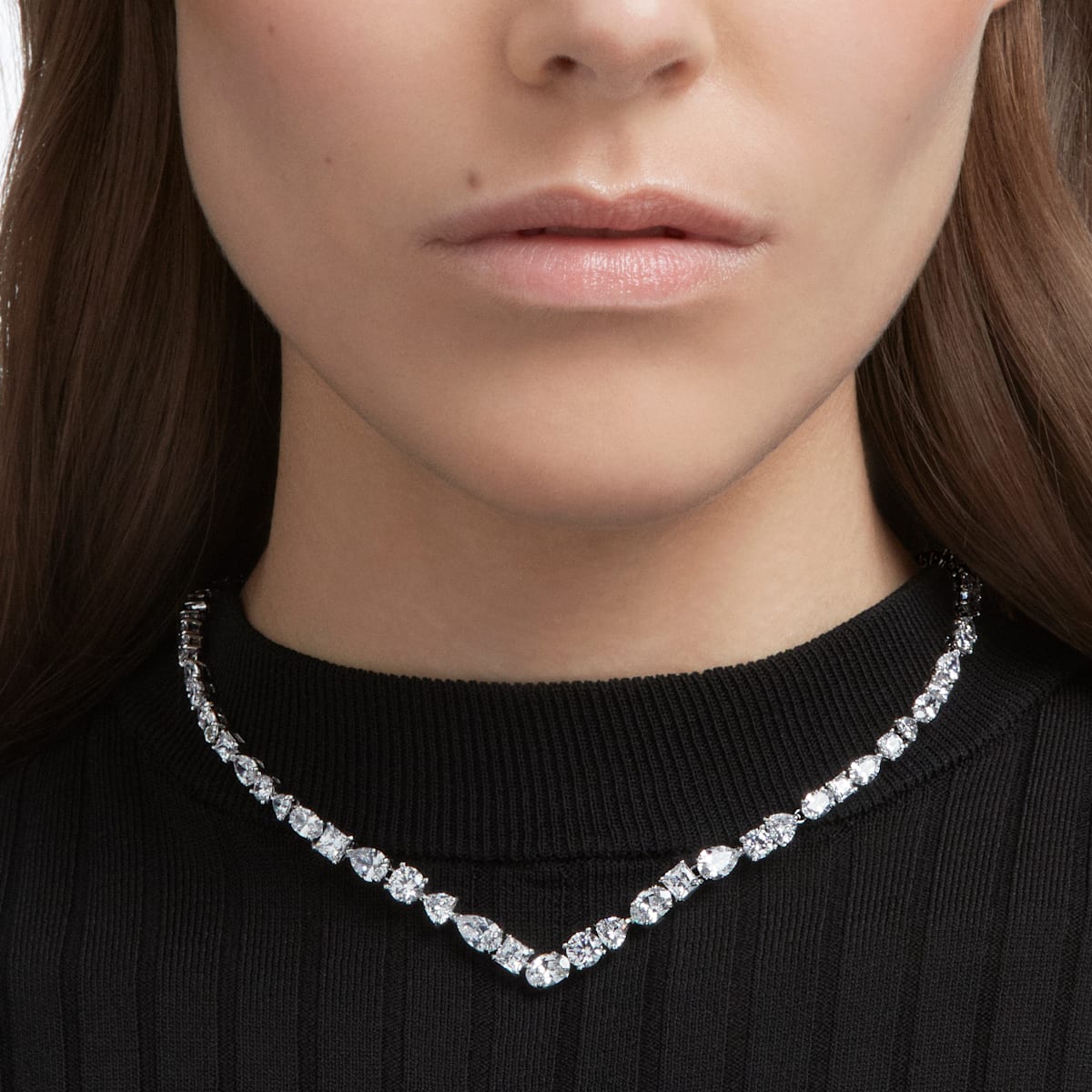 Swarovski - Tennis Deluxe Halskette, Kristalle in einem Mix aus Schliffen, Weiss, Rhodiniert - CRYSTAL UNTERBERGER