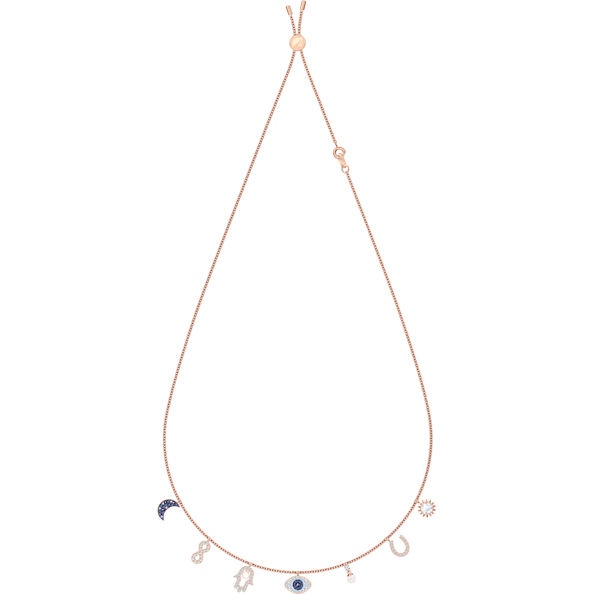 Swarovski - Swarovski Symbolic Halskette, Mond, Unendlichzeichen, Hand, Augensymbol und Hufeisen, Blau, Rosegold-Legierungsschicht - CRYSTAL UNTERBERGER