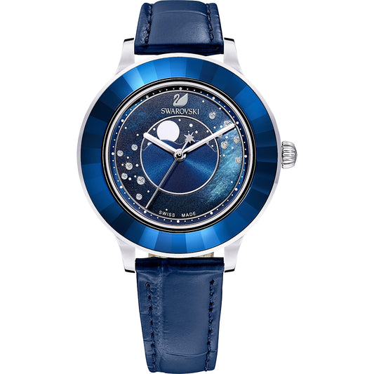 Swarovski - Octea Lux Uhr, Mond, Lederarmband, Blau, Edelstahl - CRYSTAL UNTERBERGER