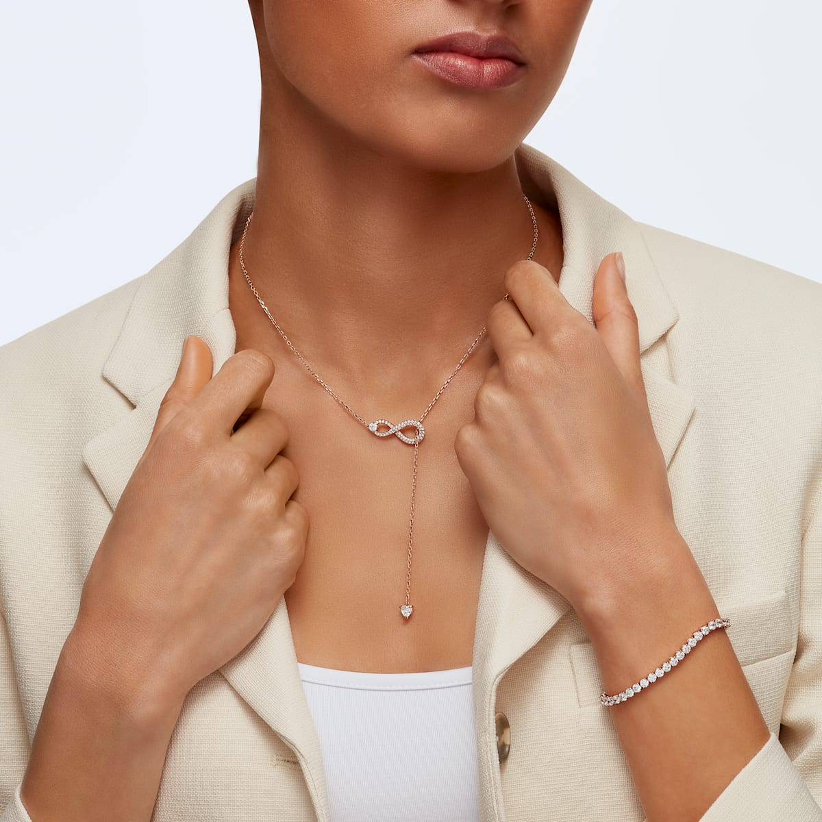 Swarovski - Tennis Deluxe Armband, Kristalle im Rundschliff, Weiß, Rosegold-Legierungsschicht - CRYSTAL UNTERBERGER