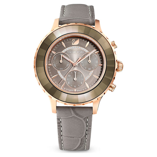 Octea Lux Chrono Uhr Schweizer Produktion, Lederarmband, Grau, Roségoldfarbenes Finish - CRYSTAL UNTERBERGER