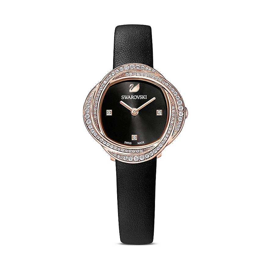 Swarovski - Crystal Flower Uhr, Lederarmband, Schwarz, Roségoldfarbenes Finish - CRYSTAL UNTERBERGER