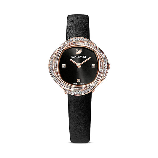 Swarovski - Crystal Flower Uhr, Lederarmband, Schwarz, Roségoldfarbenes Finish - CRYSTAL UNTERBERGER